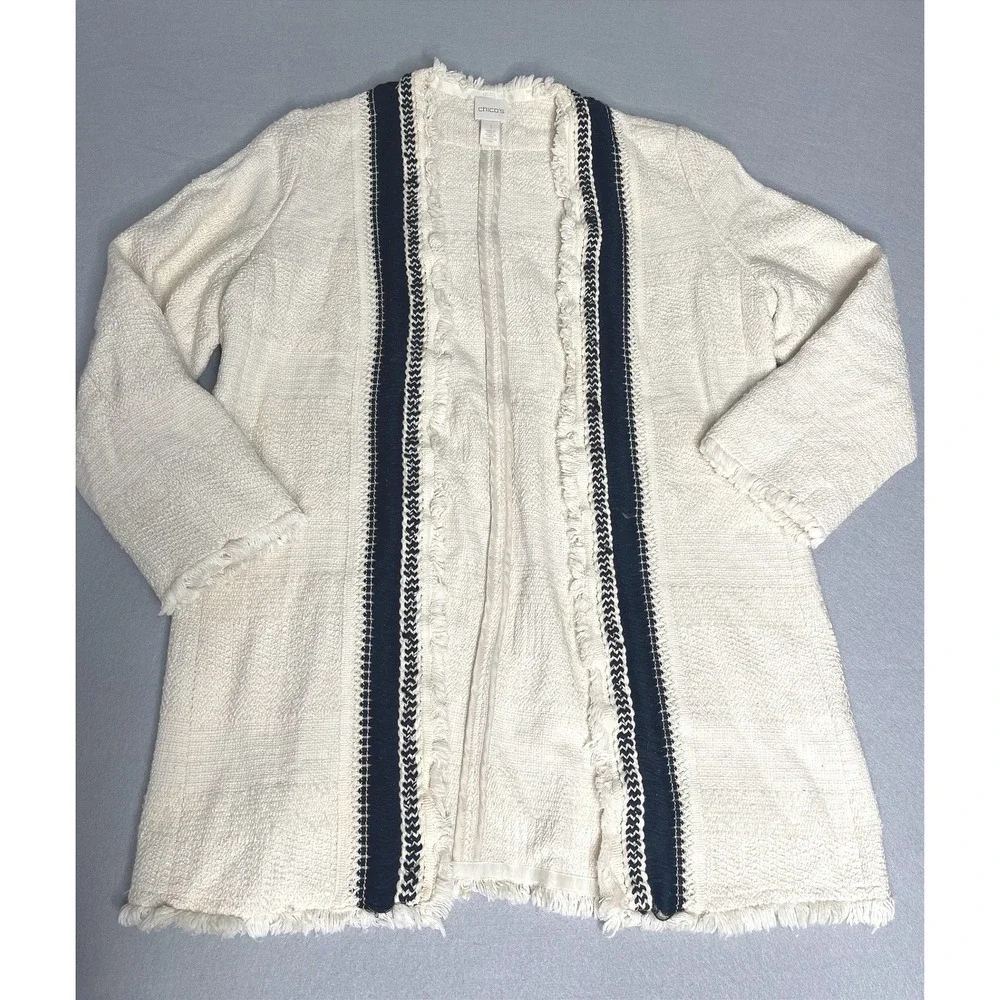 Chicos Fringe Tweed Cardigan Cream Open‎ Front Longline Sweater Size 1